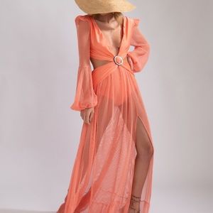 PATBO LONG SLEEVE MESH BEACH DRESS CORAL LARGE NEW WITH TAGS